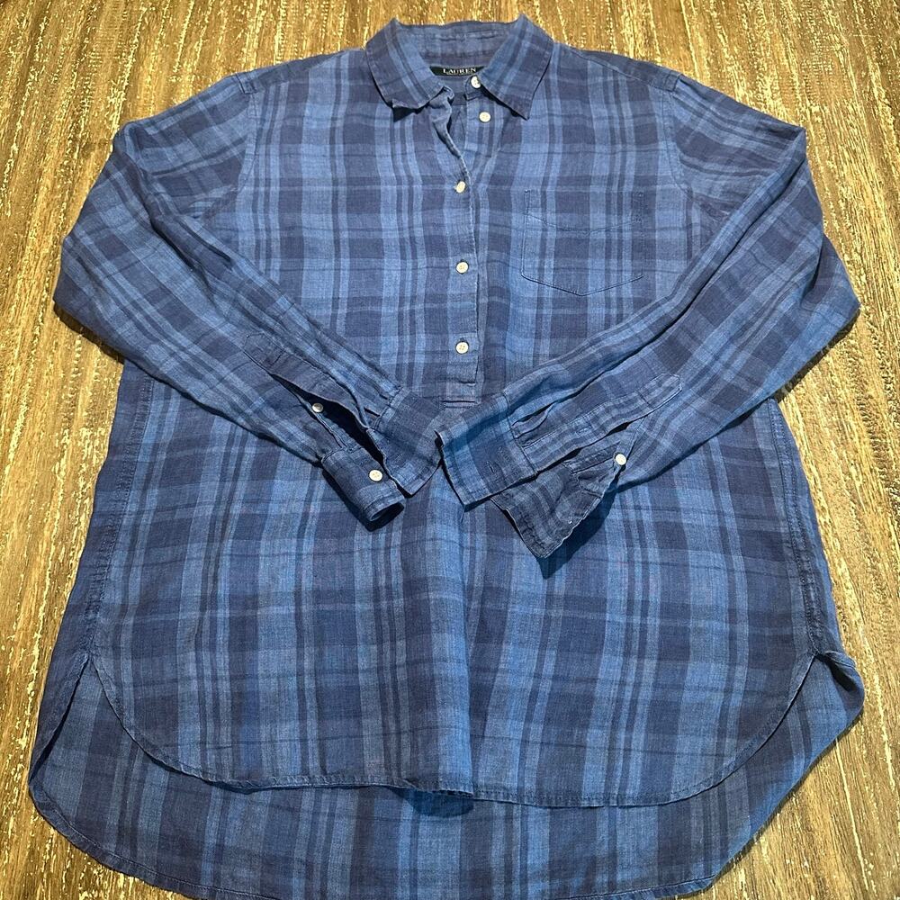Lauren Ralph Lauren Long Sleeve Popover Button Up Blue Indigo Plaid Women Size L